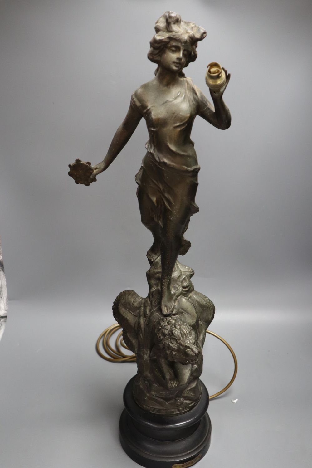 A bronzed spelter figural table lamp, entitled La Danse, on ebonised plinth, 68cm